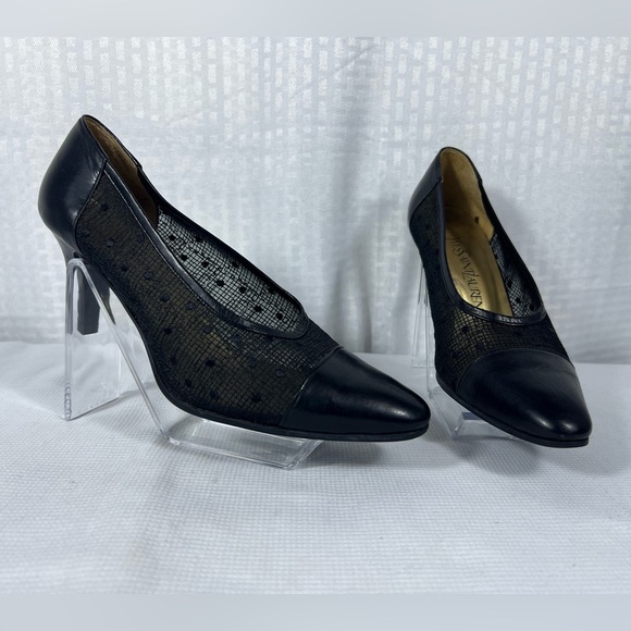 Vintage Yves Saint Laurent Black Mesh & Leather Cap Toe Pumps 35.5 - Picture 1 of 9